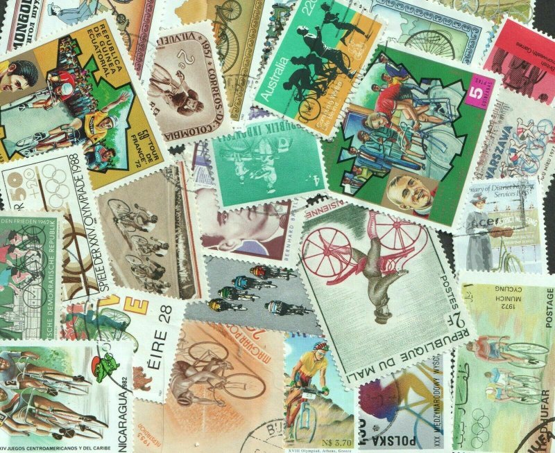 25 CYCLING  THEMED STAMPS OFF PAPER - ALL DIFFERENT 