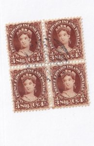 PRINCE EDWARD ISLAND # 10 VF-FAINT SON BLOCK OF 4 Q/VICTORIA 4.5d