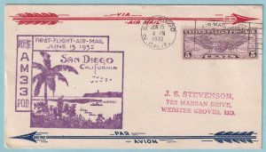 UNITED STATES FIRST FLIGHT COVER - 1932 FROM SAN DIEGO CALIFORNIA - CV501