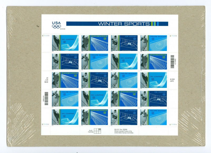 Scott 3555a 34c Winter Sports Mint Pane of 20 NH in Original USPS Packaging