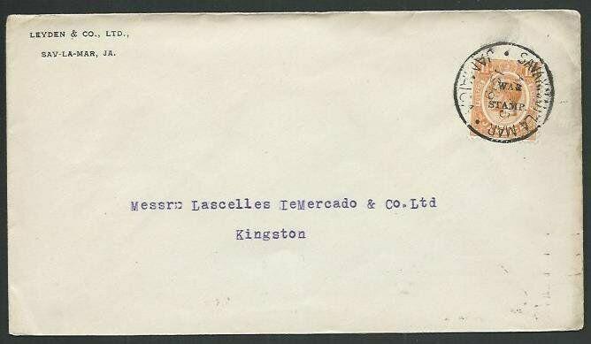 JAMAICA 1919 local cover 1½d War Tax : Savannah La Mar cds.................61034