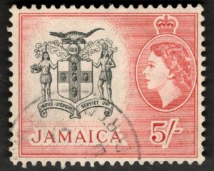 Fabulous : 1956 Jamaica Sc #172  5/~  QEII + Arms of Jamaica  Used stamp Cv$70