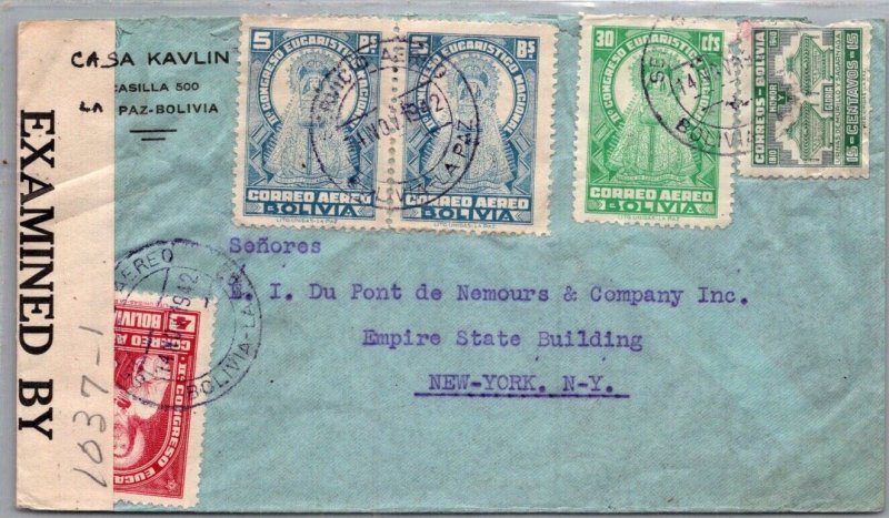 BOLIVIA POSTAL HISTORY WWII AIRMAIL CENSORED COVER ADDR USA CANC YRS'1940-45 