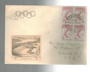 1952 Helsinki  Finland Olympics Cover to USA # B110 Block 4 Stadium