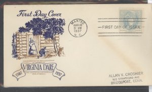 US 796 1937 Virginia Dare on an addressed FDC with a Plimpton cachet; cover has edge creases