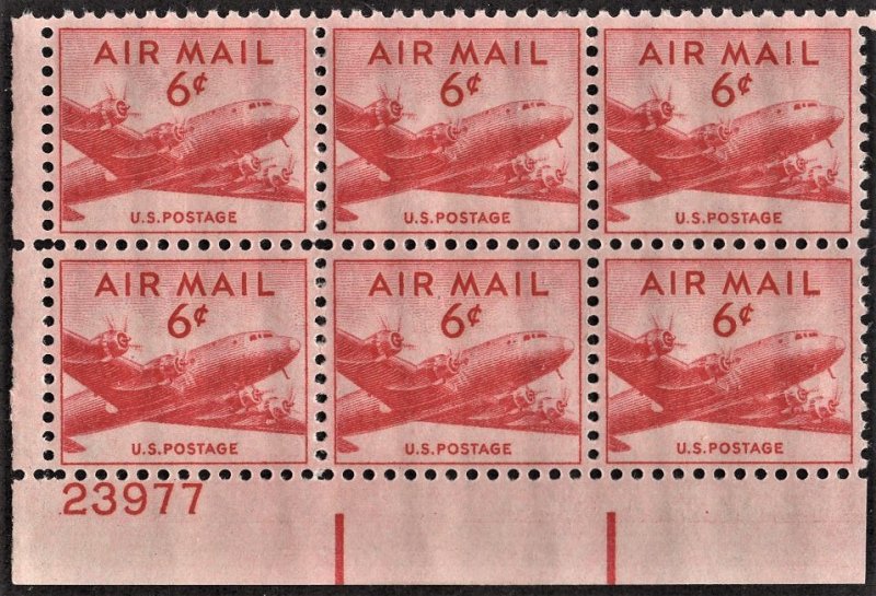 US C39 MNH VF 6 Cent DC-4 Skymaster Plate Block of 6