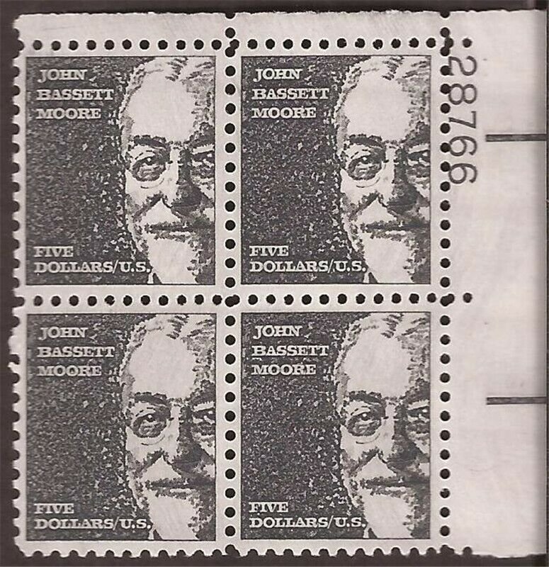 US Stamp - 1973 $5 John Bassett Moore - 4 Stamp Plate Block Tagged #1295a