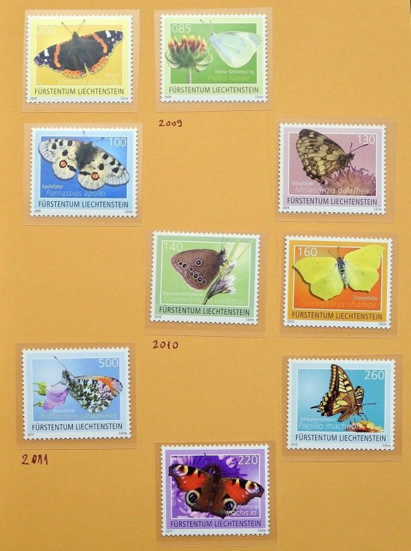 Liechtenstein butterflies MNH stamps Scott 1454-1457,1480-1482, 1515-1516 