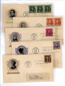 US 859-863 1940 Authors set of 5 (Famous Americans series) on five addressed (typed labels) FDCs with Ioor cachets