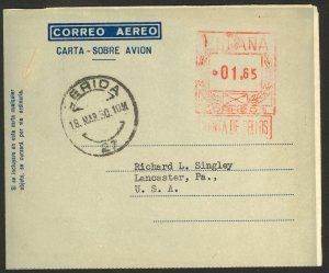 SPAIN 1949 1.65p Aerogramme EDIFIL No.39G LERIDA via TPO to USA Used