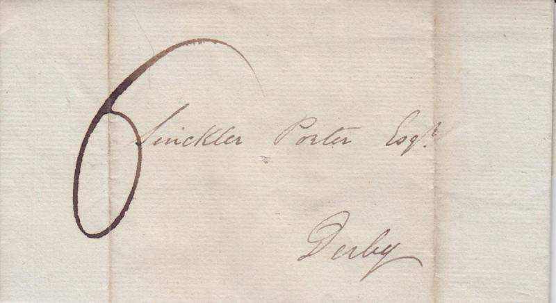 1825, Stampless Folded Letter to Derby, England (11959)