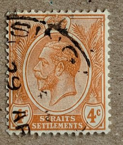 Straits Settlements 1929 KGV 4c orange, used. Scott 185, CV $0.25. SG 224