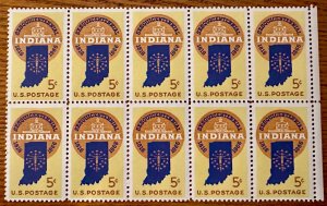 US # 1308 Indiana Statehood 5c 1966 block of 10 Mint NH