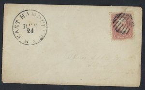 US 1860s EAST HAMBURGH NY TYING Sc 65 BROWN ROSE COLOR FANCY CANCEL