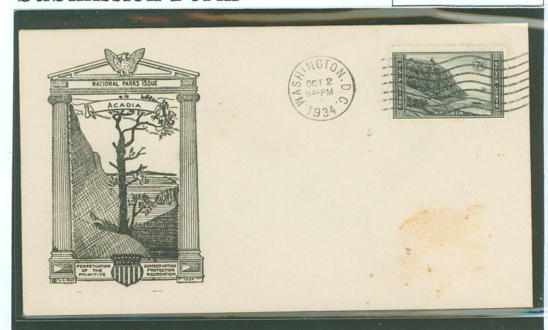 US 746 1934 7c Acadia Park (part of the National Park series) single on an addressed (residue from the removed label first day c