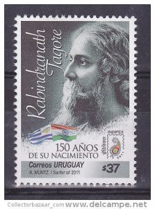 Rabindranath Tagore Nobel prize literature India flag URUGUAY MNH STAMP #2328 $4