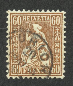 Switzerland Scott 48 Used VLH - 1862 60c Bronze Helvetia - SCV $215.00