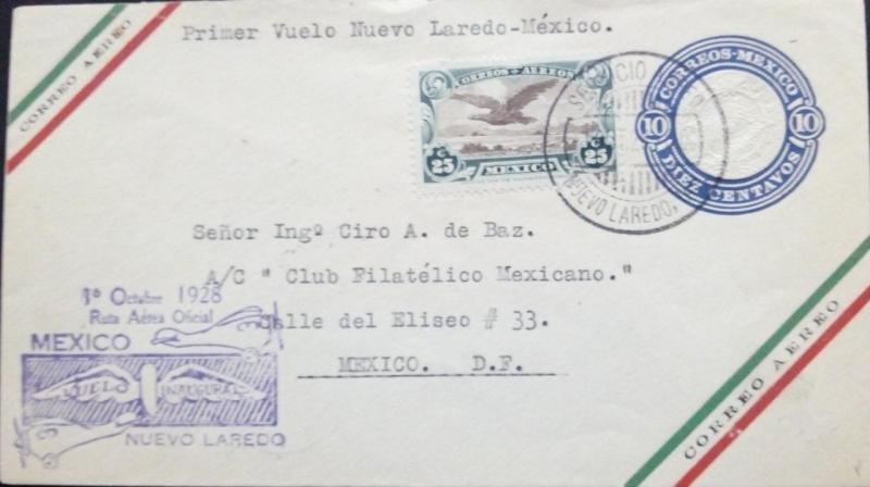 J) 1928 MEXICO, POSTAL STATIONARY, FIRST INAUGURAL FLIGHT, EAGLE FLYING OVER MOU