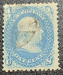 Scott Stamp# 86-Used 1868 1¢ Franklin Blue, with PSAG Cert.  Sound. SCV $450.00