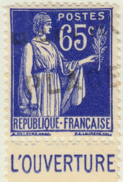 FRANCE - 1937 Pub CCP (L'OUVERTURE) sur Yv.365b 65c Paix - Obl. TB (B2)