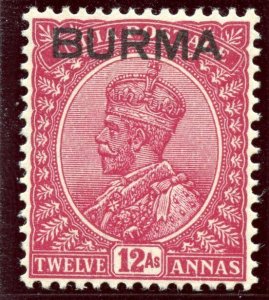 Burma 1937 KGVI 12a claret (watermark inverted) MLH. SG 12w.