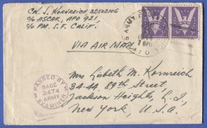 944 WWII Censored Cover APO 921, pair Sc 905 Airmail from Darwin, Australia