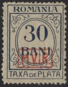 Romania 3NJ6 (unused) 30b numeral, dk blue on grn paper,  ovptd (1918)