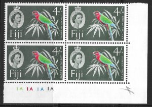 Fiji Scott 173 MNH 4/- Kandavu Parrot Issue of 1959 Plate Block of 4