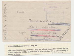 KENYA 1942, GERMAN POW CENSOR COVER TO GERMANY CAMP 304 EXAM 217 SCARCE MARKINGS