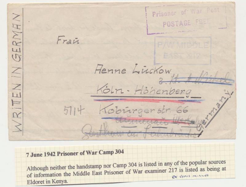 KENYA 1942, GERMAN POW CENSOR COVER TO GERMANY CAMP 304 EXAM 217 SCARCE MARKINGS