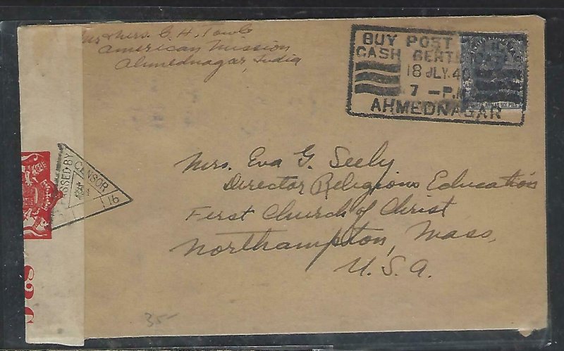 INDIA (PP0711B) 1940 KGV 3A 6P CENSORED COVER, SLOGAN CANCEL TO USA