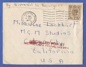 GB 1946 cover to Movie Star June Lockhart, MGM Studios + Scarce Marking