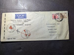 1934 British Malay First Flight Cover FFC Kuala Lumpur to Bedhampton England