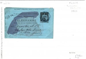 FRANCE Postal Stationery TELEGRAM Telegraph Paris 1883 {samwells-covers} SN24