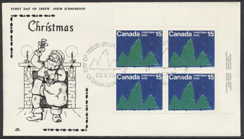 1975 #674-679 Set of 4 Christmas FDCs, Plate Blocks, NR Cover Cachets, Ottawa