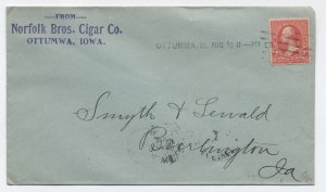 1898 Ottumwa IA hampden machine cancel cover cigar corner card [y8837]