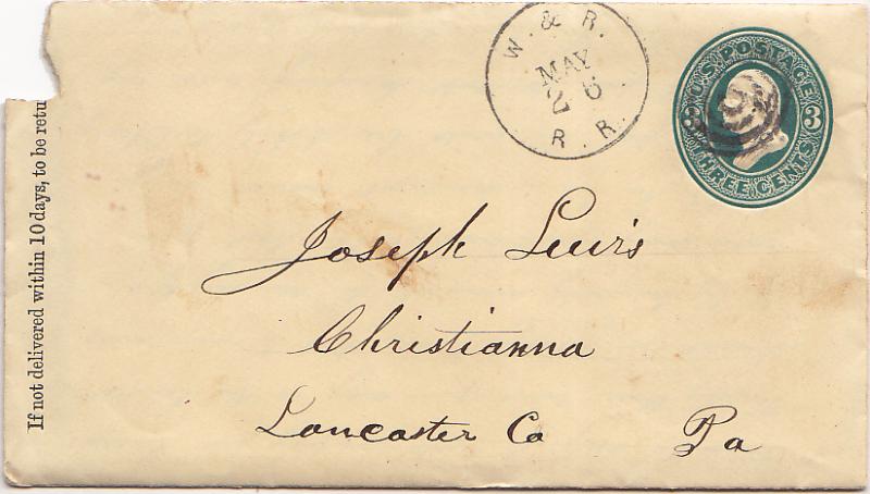 United States U.S. R.P.O.'s W. & R. R.R. 1877 189-A-1  Postal Stationery Enve...