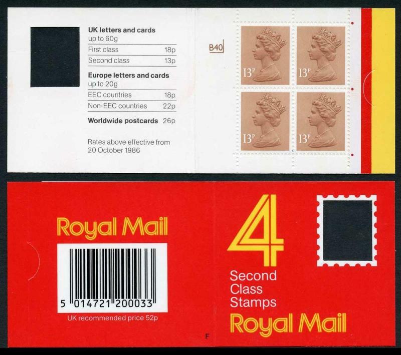 DB16(2)A 1988 52p Type 1A 4x13p CB Code F Cyl B40 p* Dry Print Window Booklet