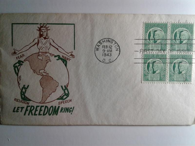 SCOTT # 908 FIRST DAY OF ISSUE BLOCK OF 4 FOUR FREEDOMS NICE CACHE !!