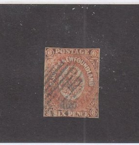 NEWFOUNDLAND (MK6777) # 13 F-USED  6p 1860 ST JOHN'S IMPERF /ORANGE CAT VAL $600