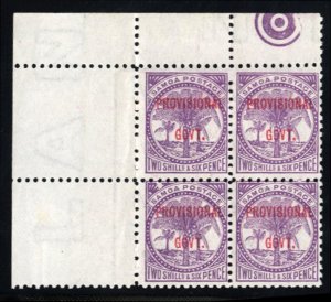 Samoa #38 Cat$19+, 1899 2sh6p mauve, corner margin block of four, top stamps ...