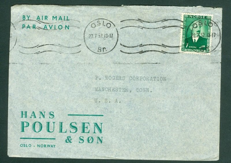 Norway. 1952. Cover Commercial.  Hans Poulsen & Son 1 Kr. King. Conn. USA