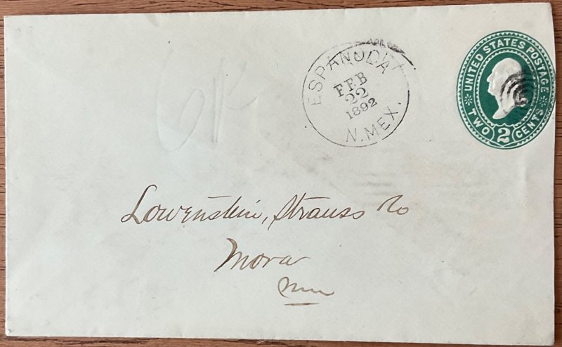 US #U311? Used NM Territorial Cover Espanola NM to Mora NM 2/22/1892 LB