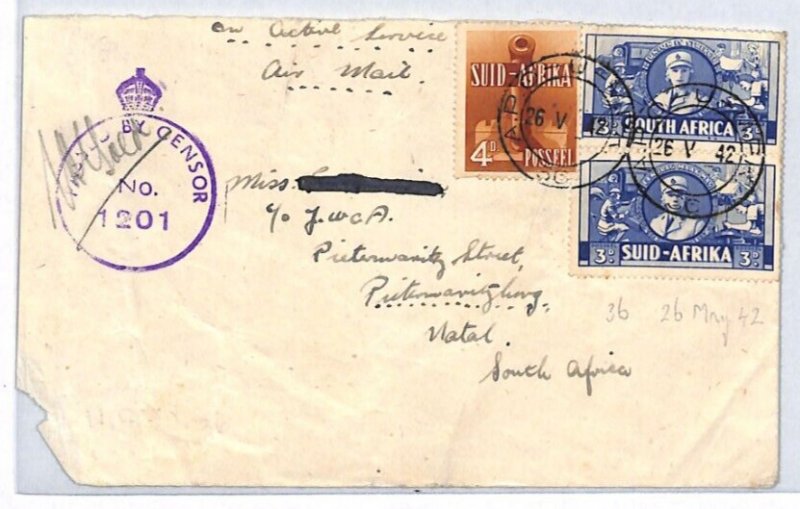 SOUTH AFRICA WW2 Military TOBRUK *APO-U-MPK-36* Censor Natal Cover Front YR91