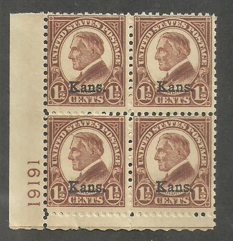 #659 Kansas Overprint Harding Plate Block  MINT Never Hinged