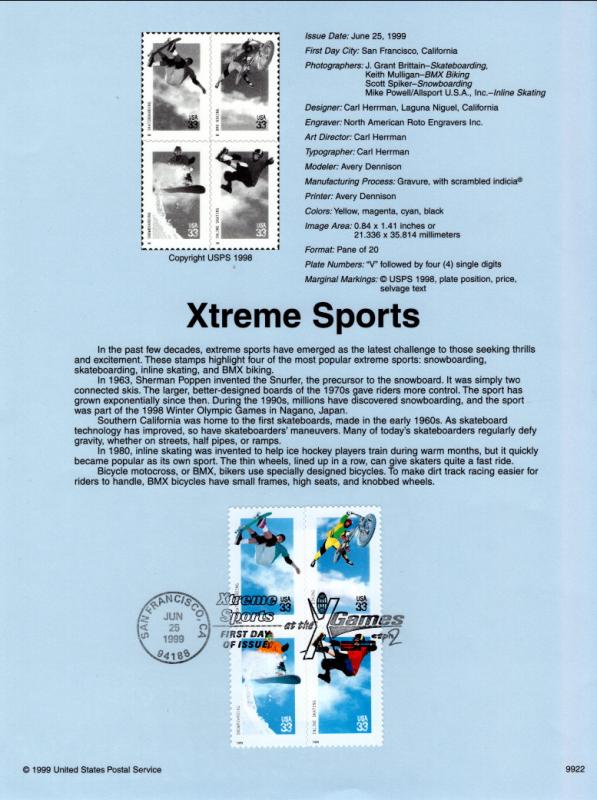 US SP1315 Xtreme Sports 3321-3324 Souvenir Page FDC