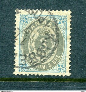Denmark 1875/95  3 ore value Normal frame  FA 28 Sc 25 Used 11710