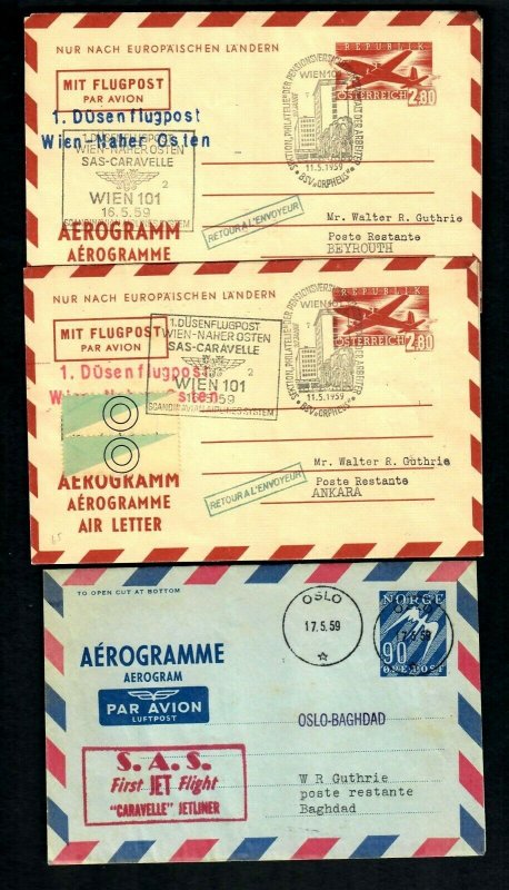 Lot 9 (6) Covers SAS 1954-59 Austria Wien-101, Norway Aerogram,  Sweden Retour