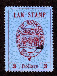 SASKATCHEWAN SL20 PUNCHED SCV $10.00 BIN $3.00 LAW STAMP