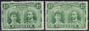 RHODESIA 1910 KGV DOUBLE HEAD ½D 2 SHADES PERF 14